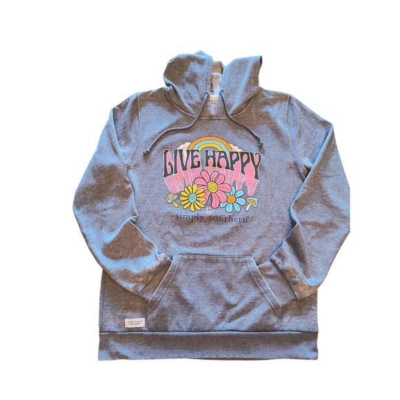 Simply Southern Tops - Simply Southern Gray "Live Happy" Hoodie Medium Retro Floral Graphic